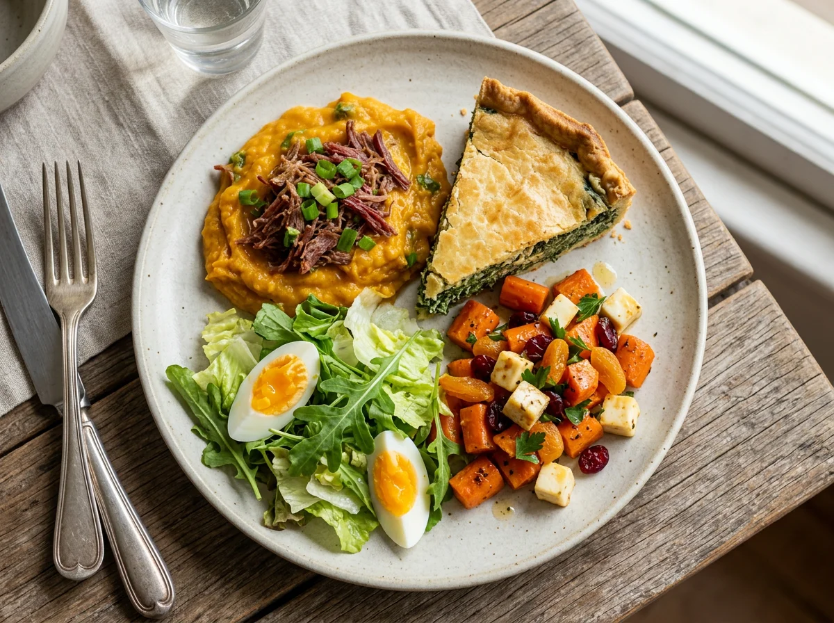 Prato variado com purê, torta e salada photo