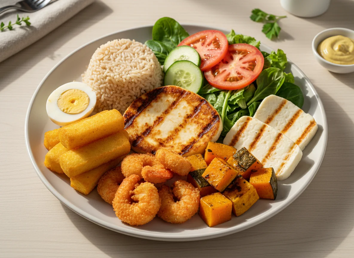 Prato Variado com Queijo Coalho, Arroz Integral e Salada photo