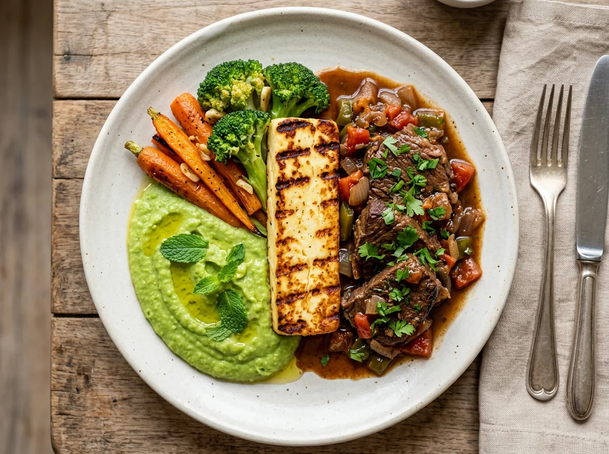 Prato variado com queijo coalho, purê de ervilha, legumes e carne photo