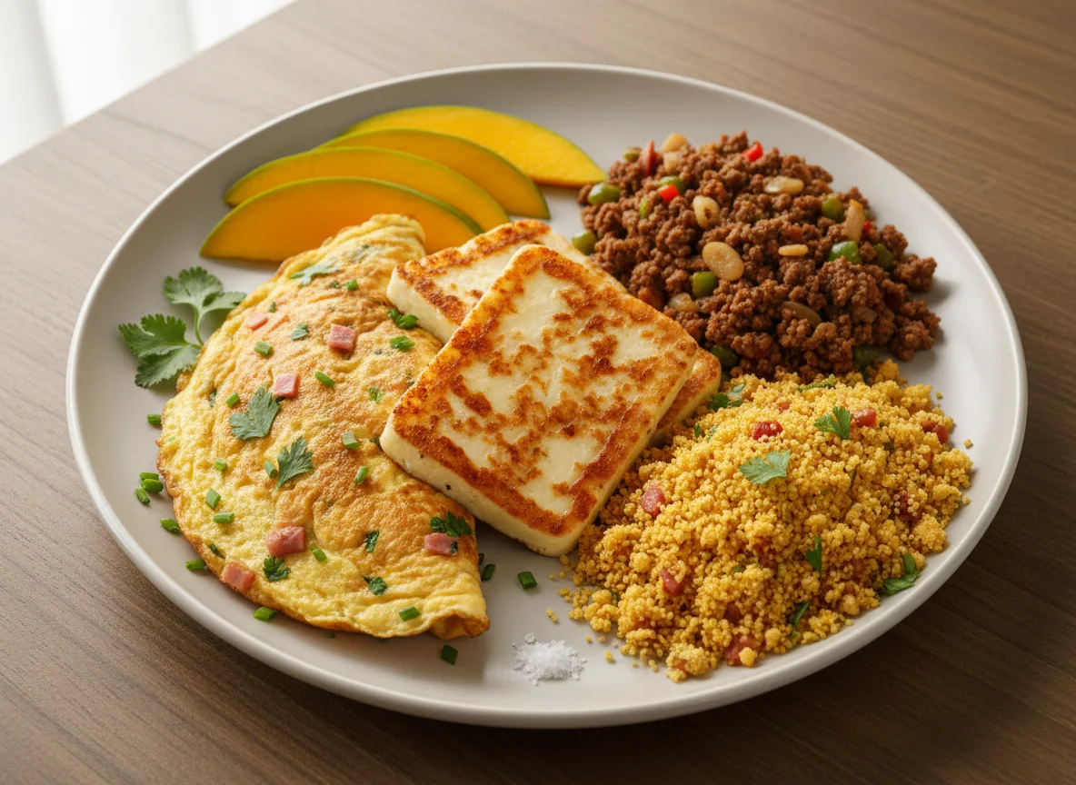 Prato variado com queijo, omelete, carne moída e farofa photo