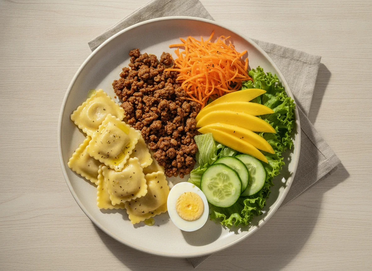 Prato variado com ravioli, carne, ovo e salada photo
