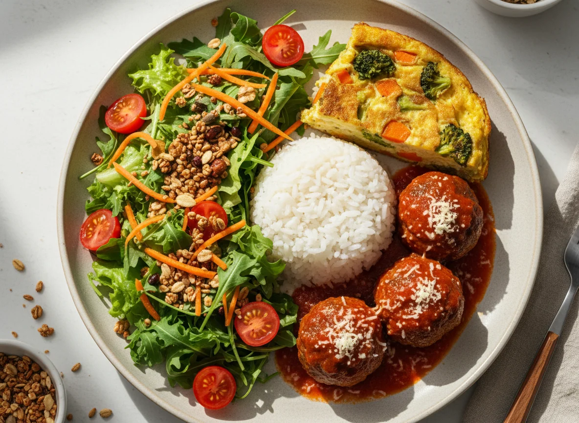 Prato variado com salada, almôndegas e torta de legumes photo
