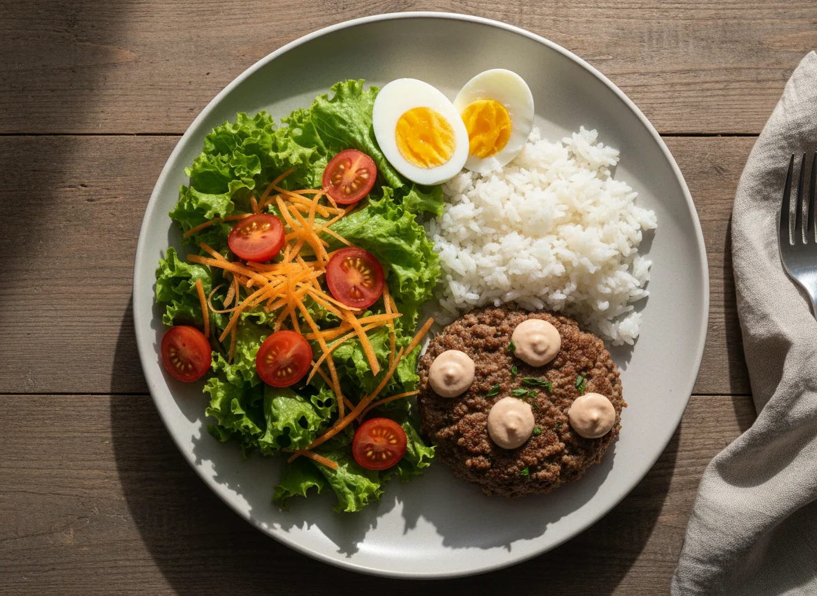Prato variado com salada, arroz, carne e ovo photo