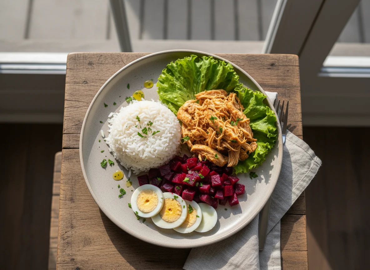Prato variado com salada, arroz, frango desfiado, beterraba e ovos photo