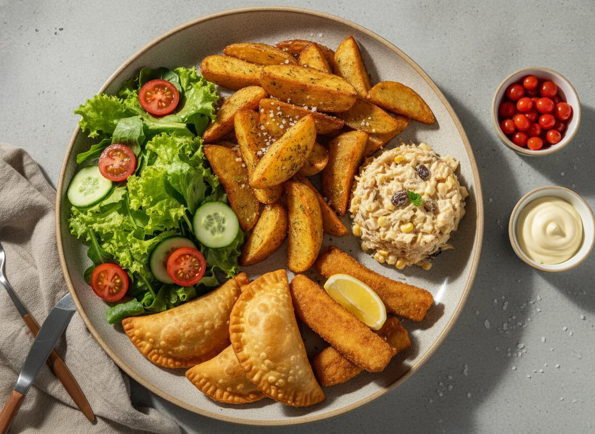 Prato variado com salada, batata rústica e acompanhamentos photo