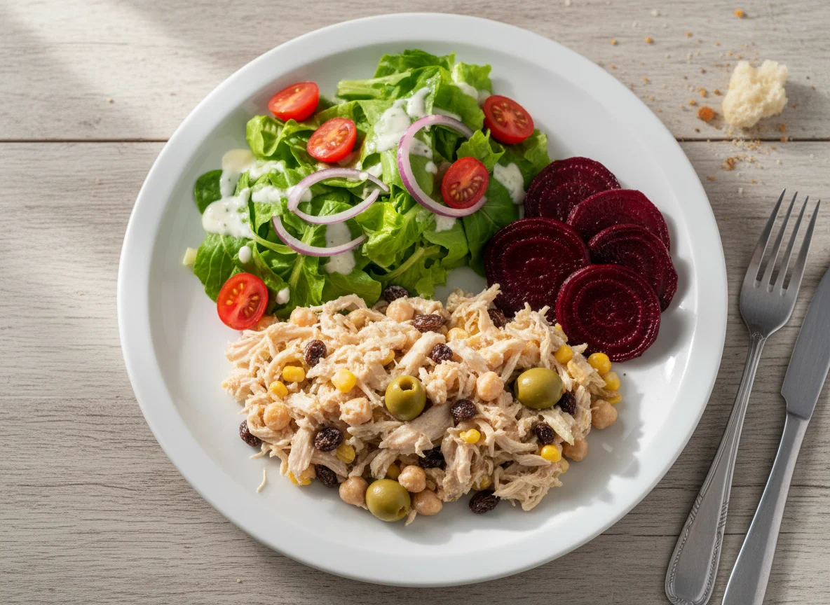 Prato variado com salada, beterraba assada e salpicão de frango photo
