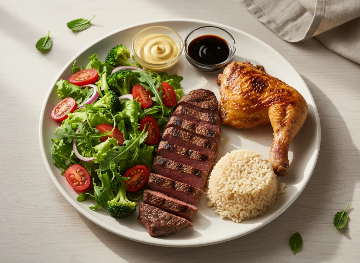 Prato variado com salada, carne, frango e arroz photo