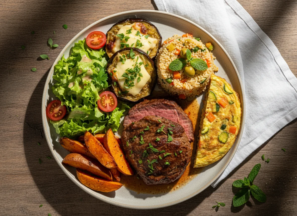 Prato variado com salada, cuscuz, legumes e carne photo