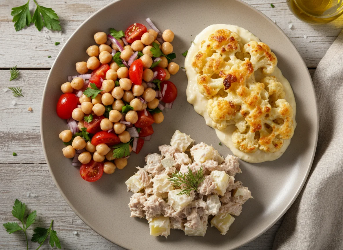 Prato variado com salada de grão de bico, salada de atum e couve-flor gratinada photo