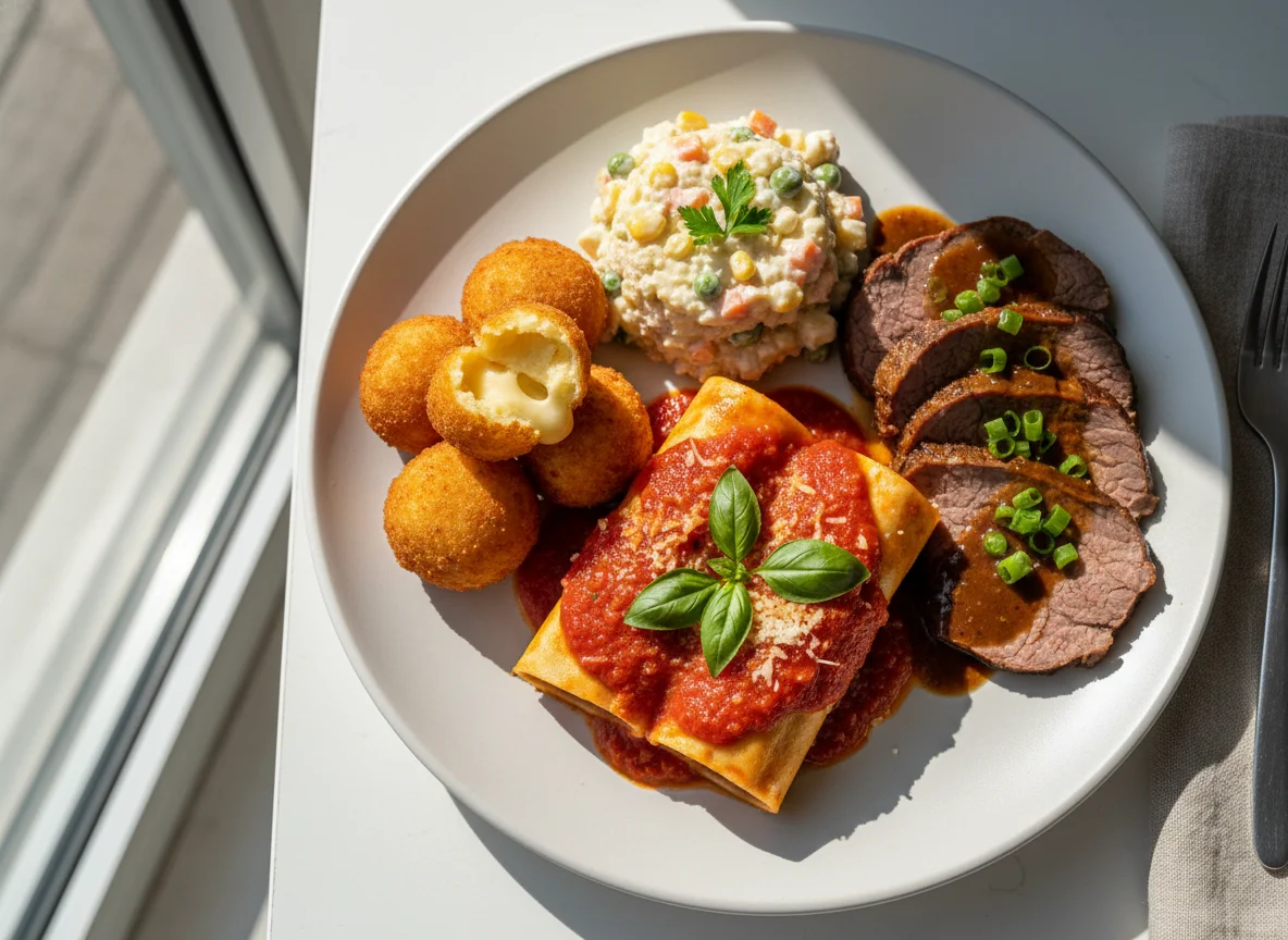 Prato variado com salada de maionese, bolinhos, canelone e carne assada photo