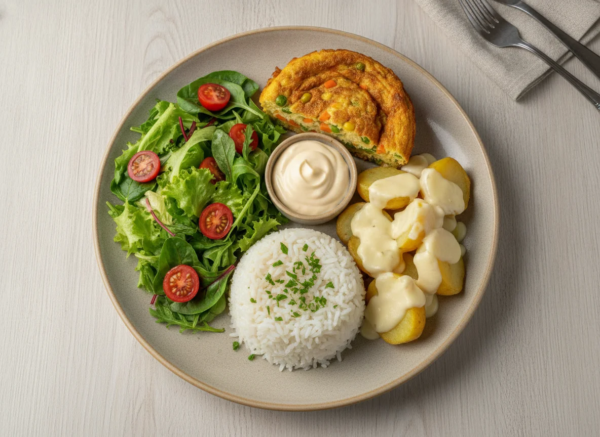Prato variado com salada e acompanhamentos cremosos photo