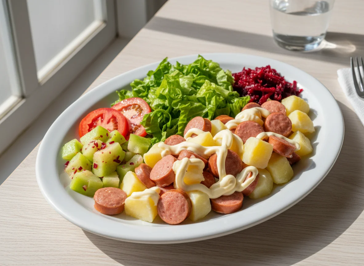 Prato variado com salada e batata com salsicha photo