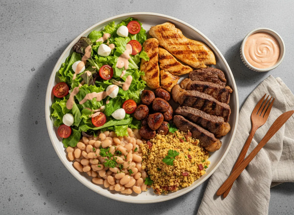 Prato variado com salada e carnes photo