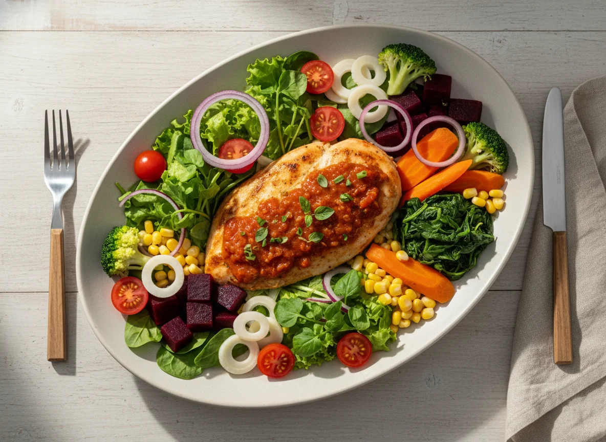 Prato variado com salada e frango ao molho photo