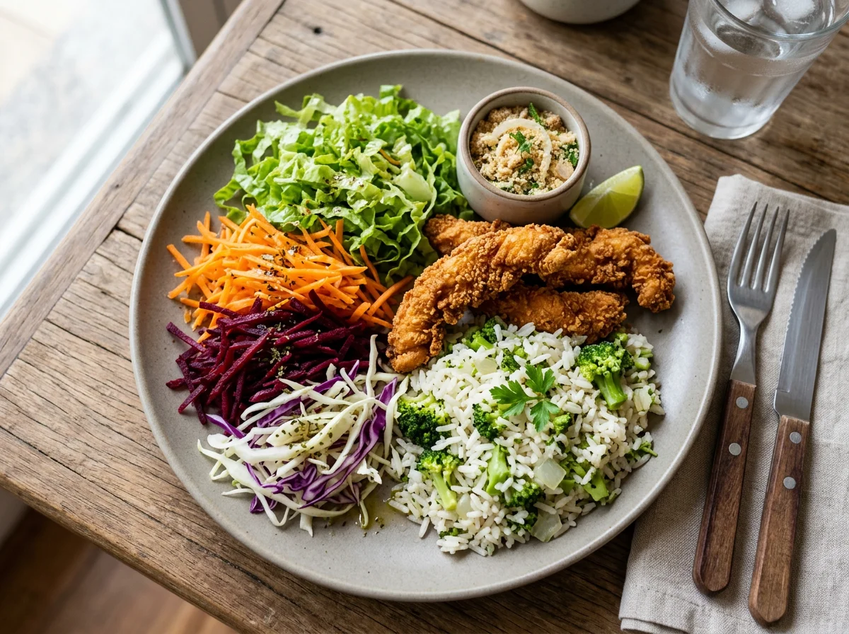 Prato variado com salada e frango frito photo