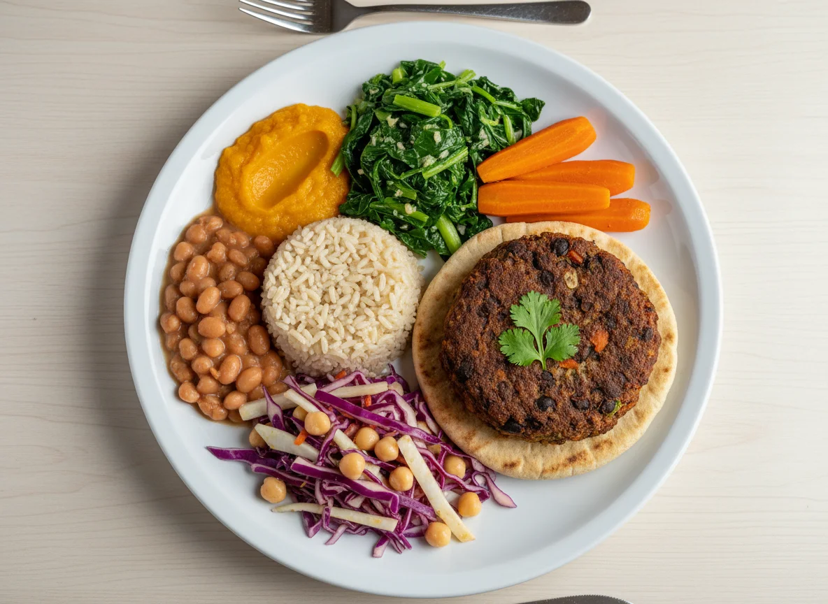 Prato variado com salada e hambúrguer vegetariano photo