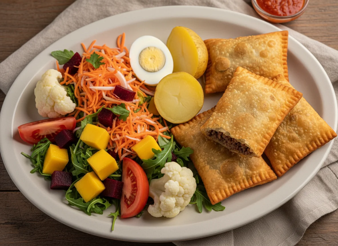 Prato variado com salada e pastel photo