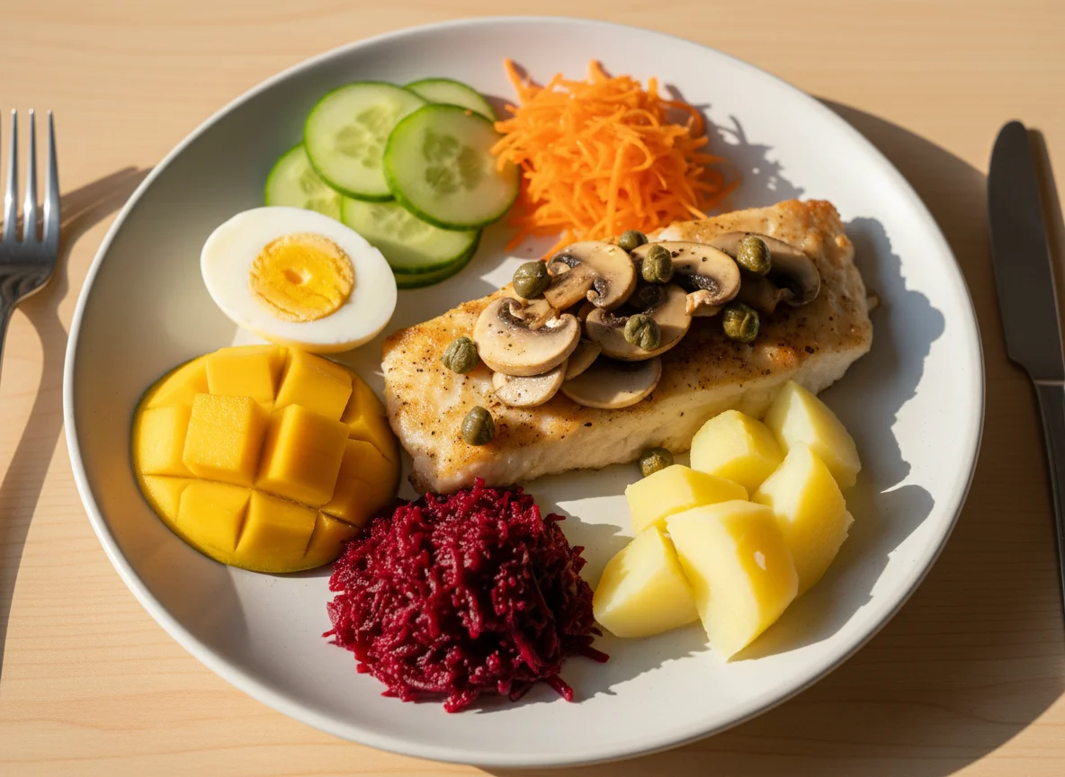 Prato variado com salada e peixe photo