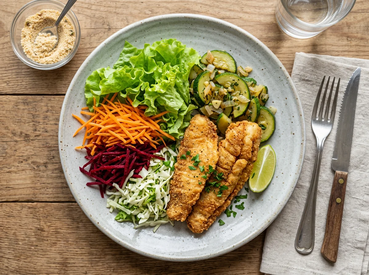 Prato variado com salada e peixe frito photo