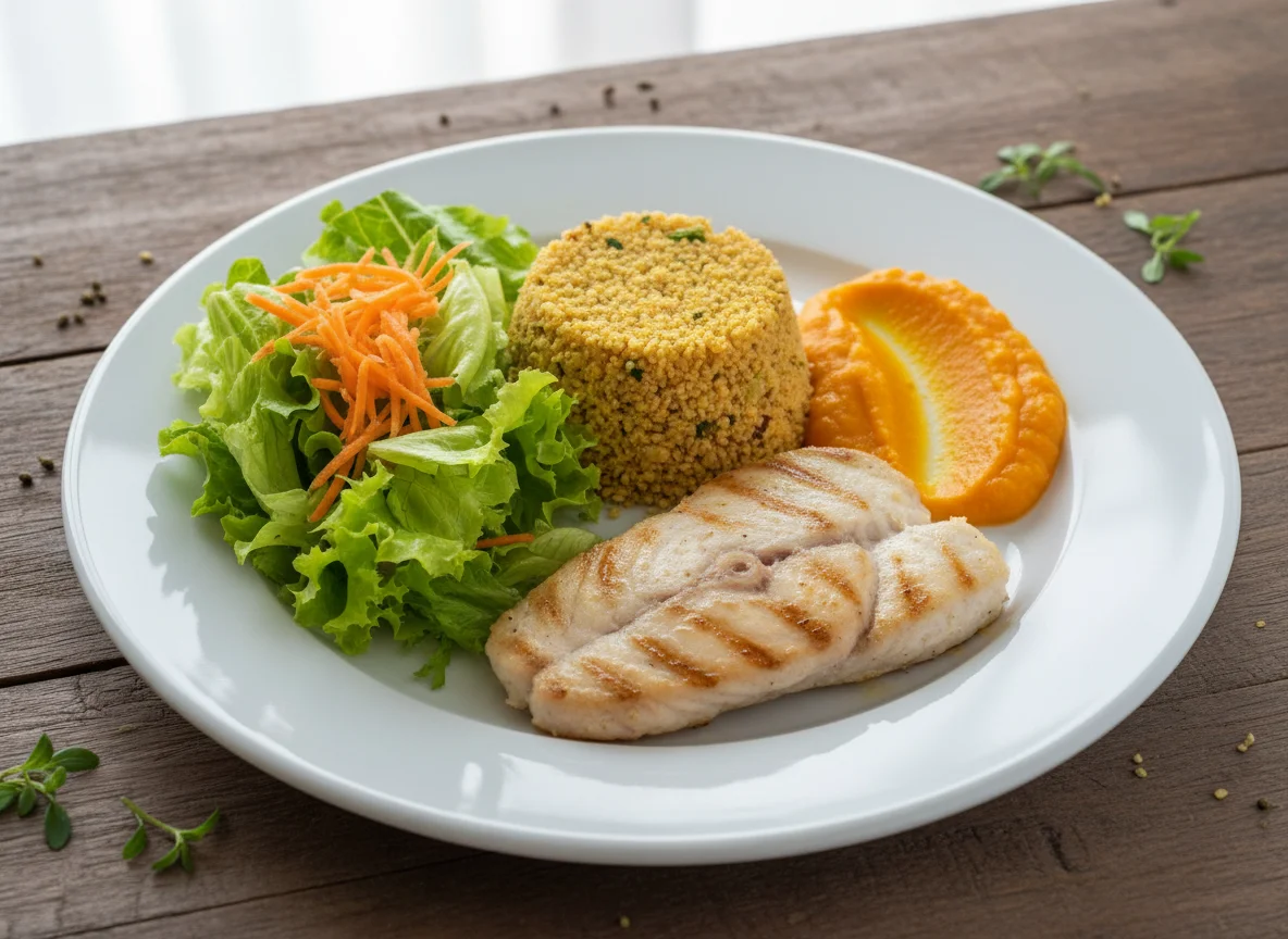 Prato variado com salada, farofa e peixe photo