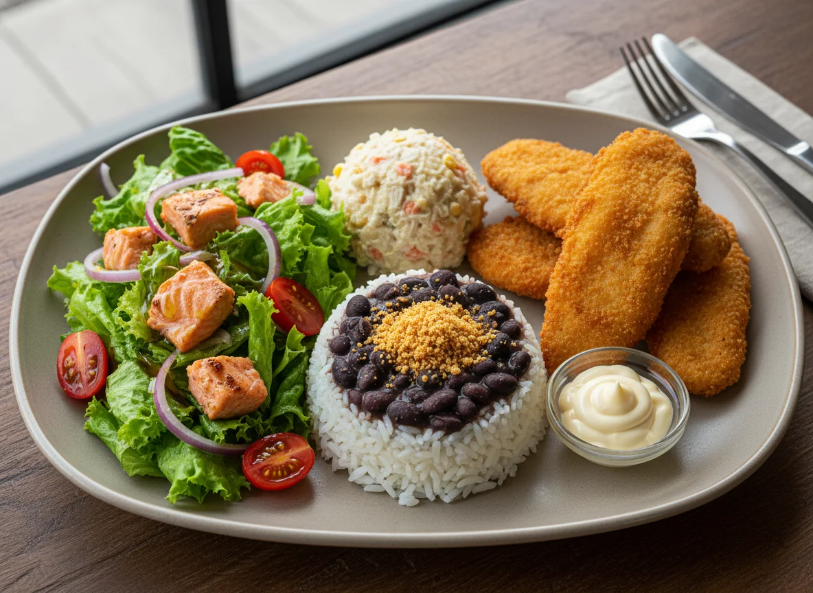 Prato variado com salada, feijão, arroz e fritos photo