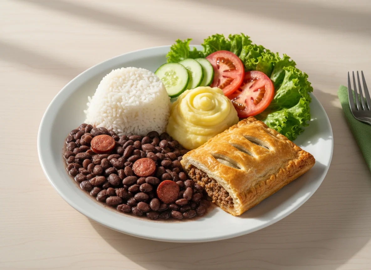 Prato variado com salada, feijão, arroz e torta de carne photo