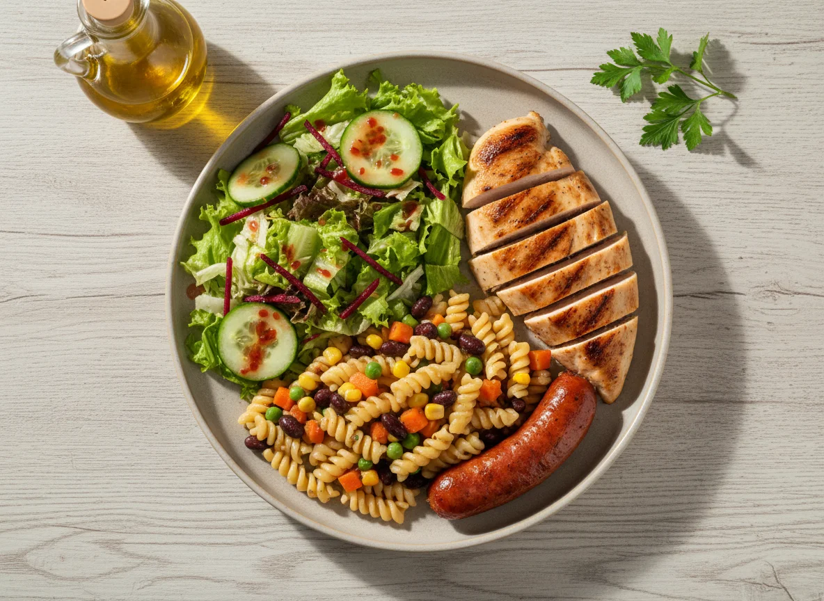 Prato variado com salada, frango e massa photo