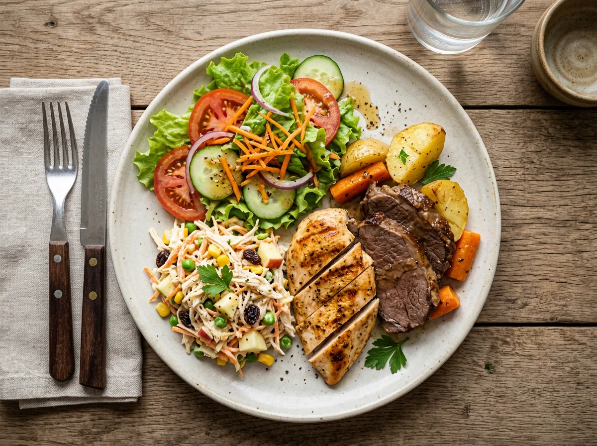 Prato variado com salada, frango, salpicão e carne photo