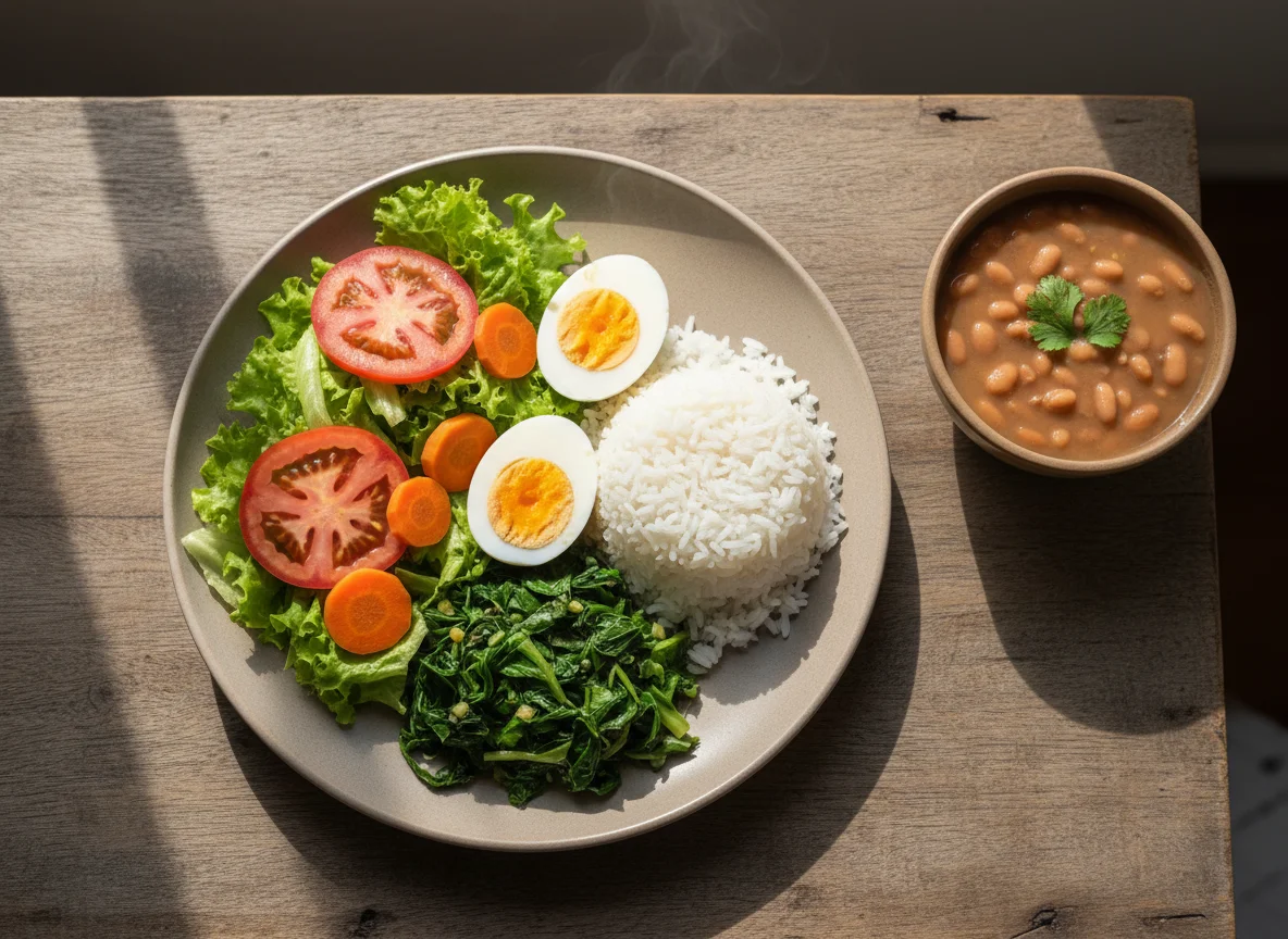 Prato variado com salada, ovos, arroz e feijão photo
