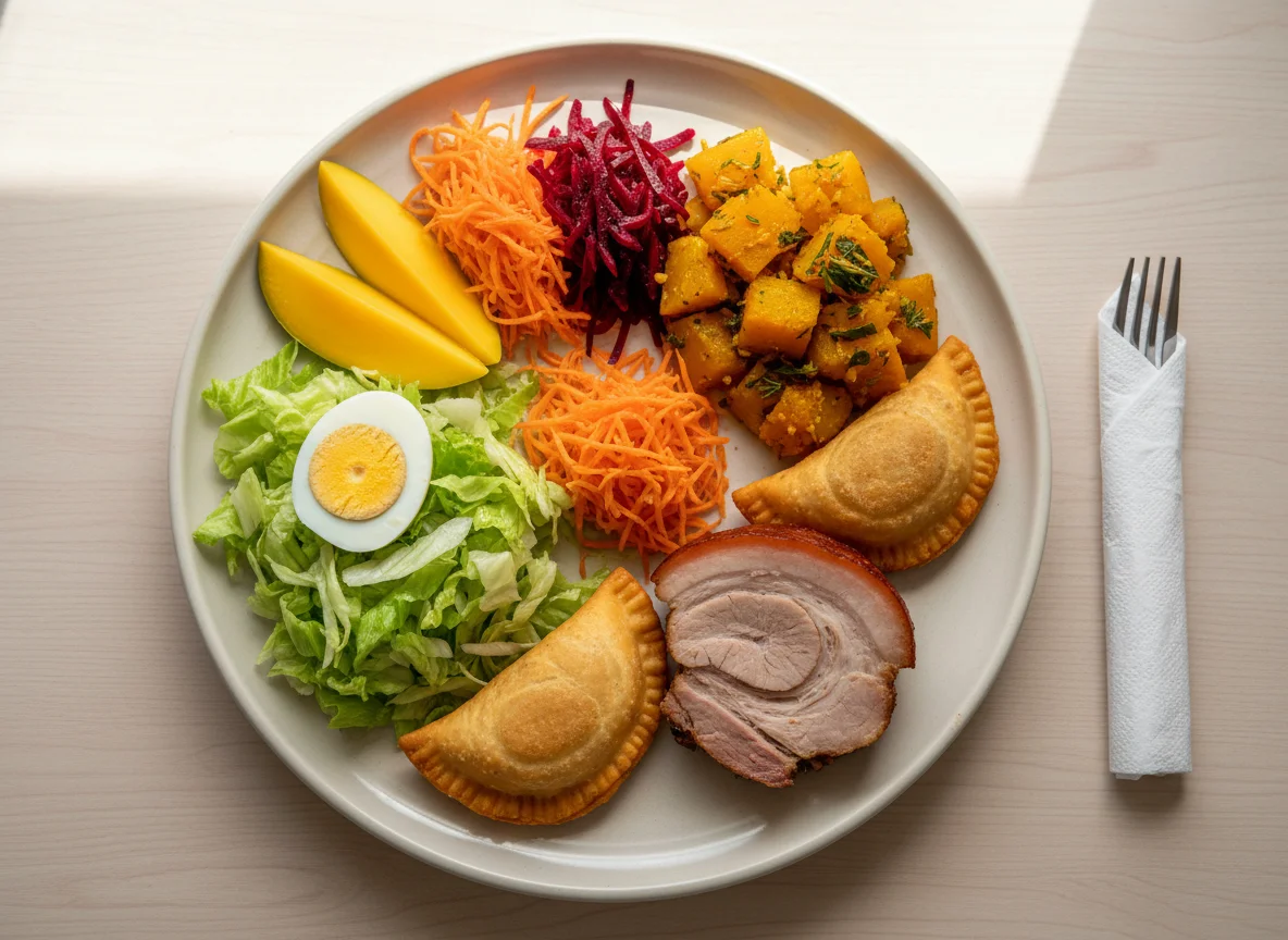 Prato variado com salada, ovos, pastéis e pernil de porco photo