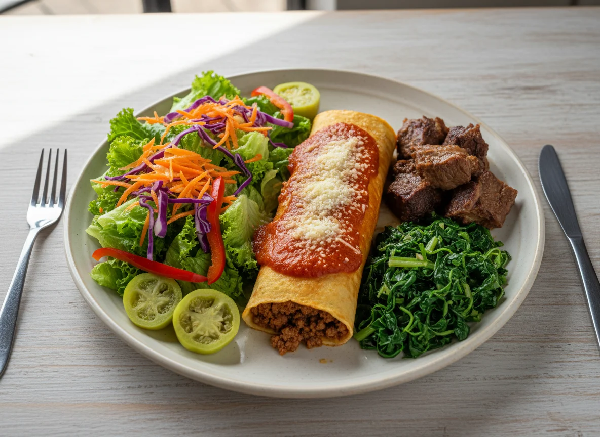 Prato variado com salada, panqueca e carne photo