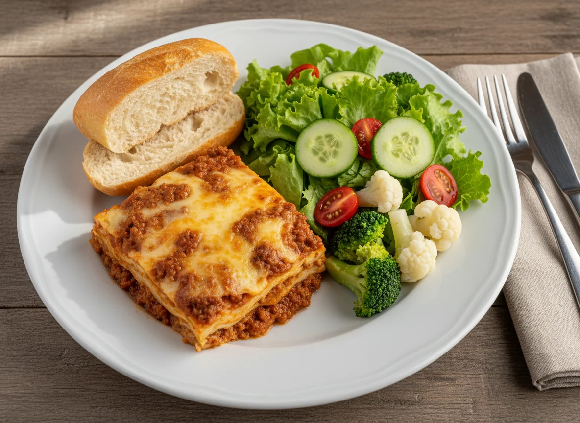 Prato variado com salada, pão e lasanha photo