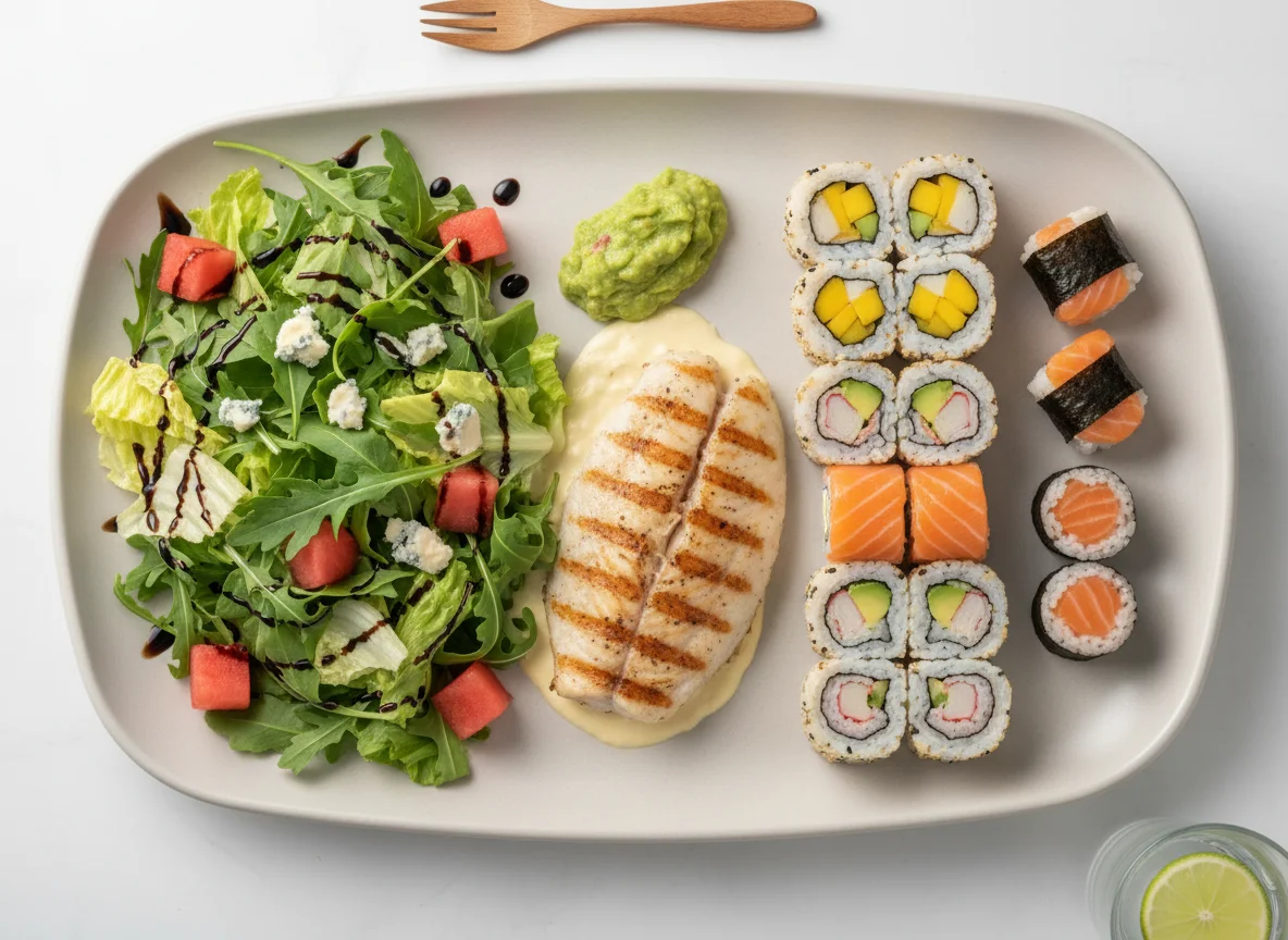 Prato variado com salada, sushi e peixe photo