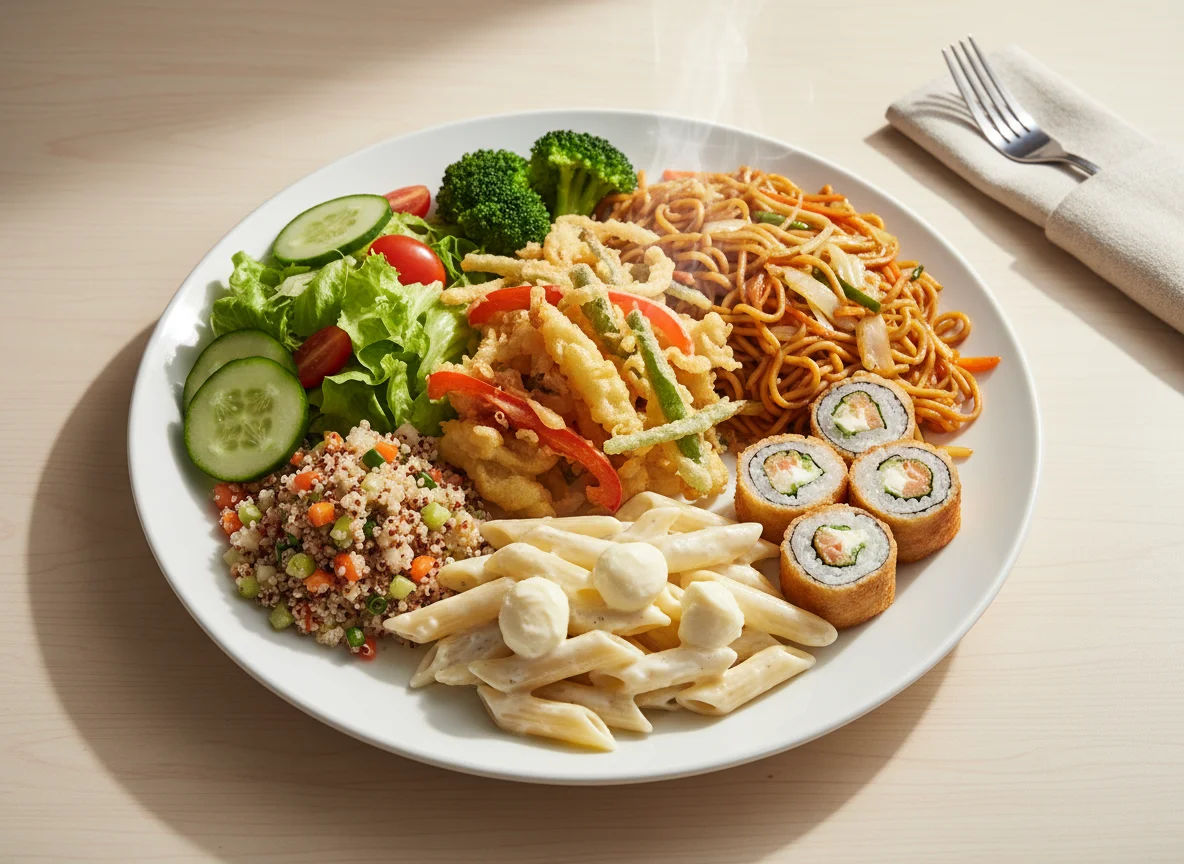 Prato variado com salada, tempura e yakisoba photo