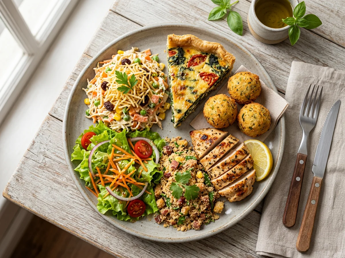 Prato variado com salada, torta e acompanhamentos photo