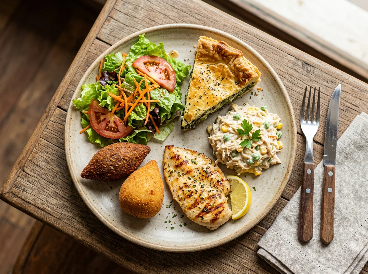 Prato variado com salada, torta e salgados photo