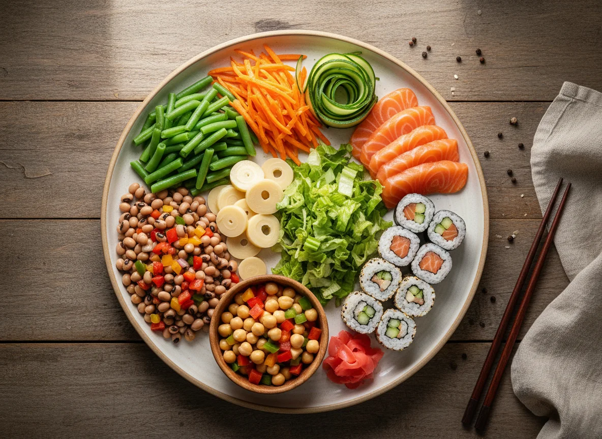 Prato variado com saladas e sushi photo
