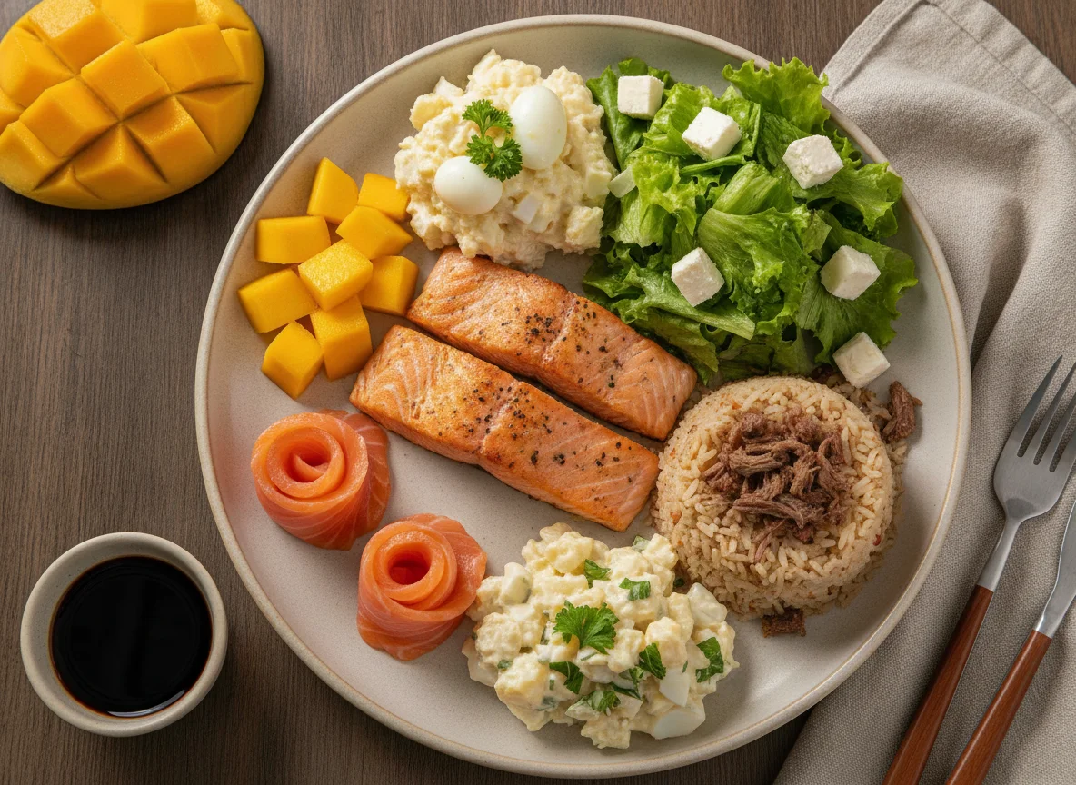 Prato variado com salmão, arroz e salada photo