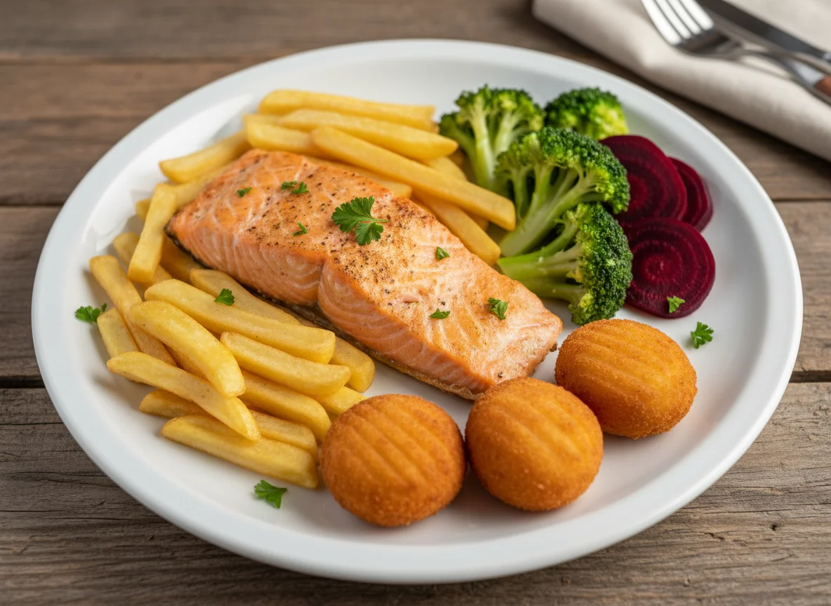 Prato variado com salmão, batata frita e vegetais photo