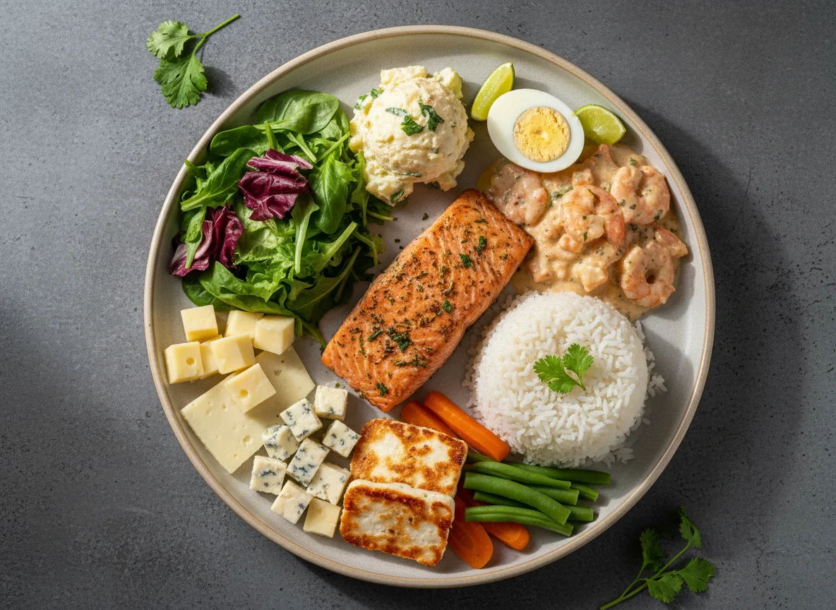 Prato variado com salmão, camarão e salada photo