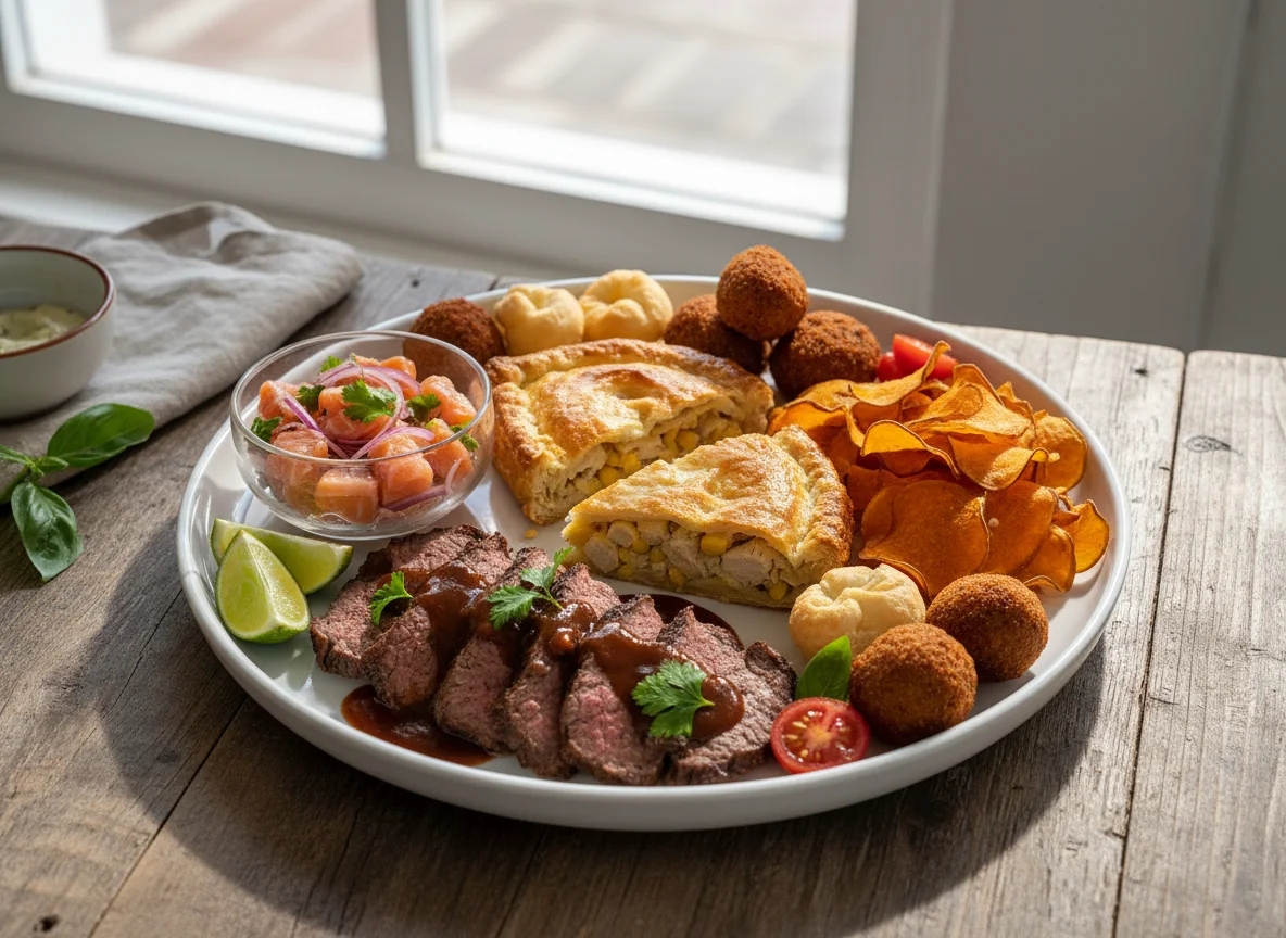 Prato variado com salmão, carne, torta e acompanhamentos photo