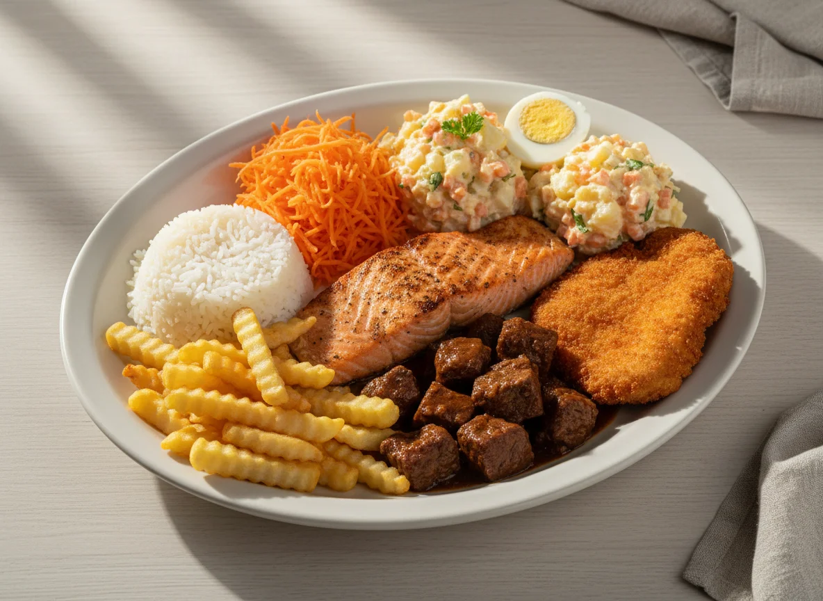 Prato variado com salmão e acompanhamentos photo