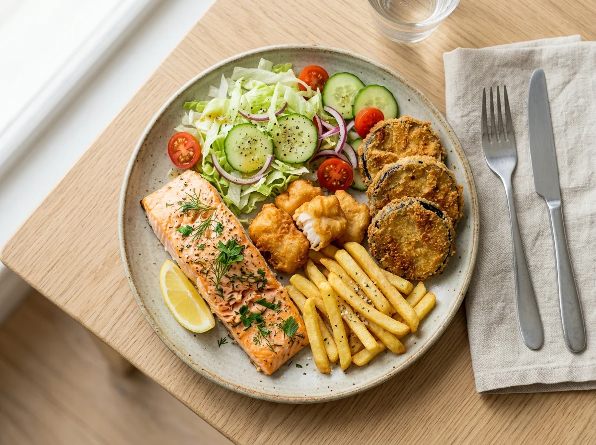 Prato variado com salmão e salada photo