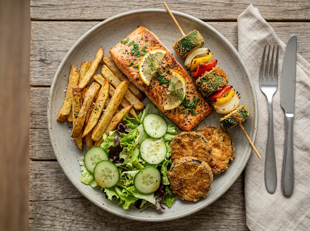 Prato variado com salmão e vegetais photo