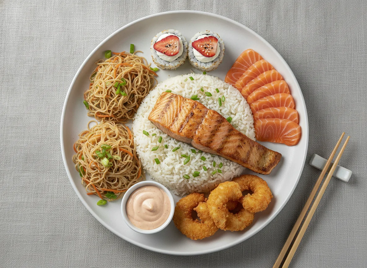 Prato variado com salmão, sushi e acompanhamentos photo