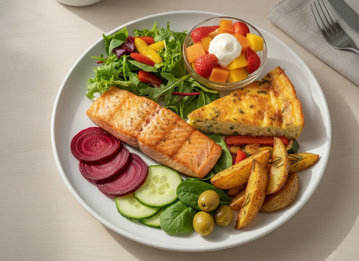 Prato variado com salmão, vegetais e quiche photo