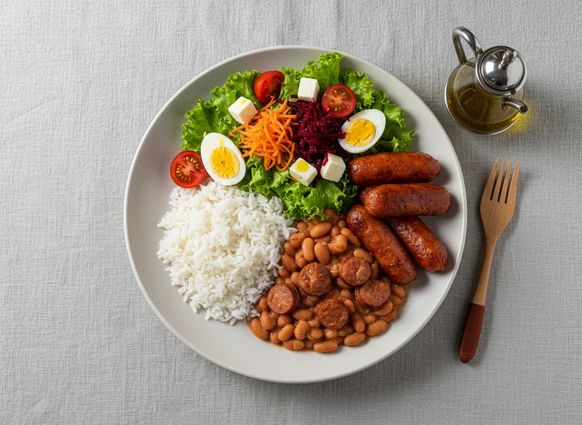 Prato variado com salsicha, feijão, arroz e salada photo