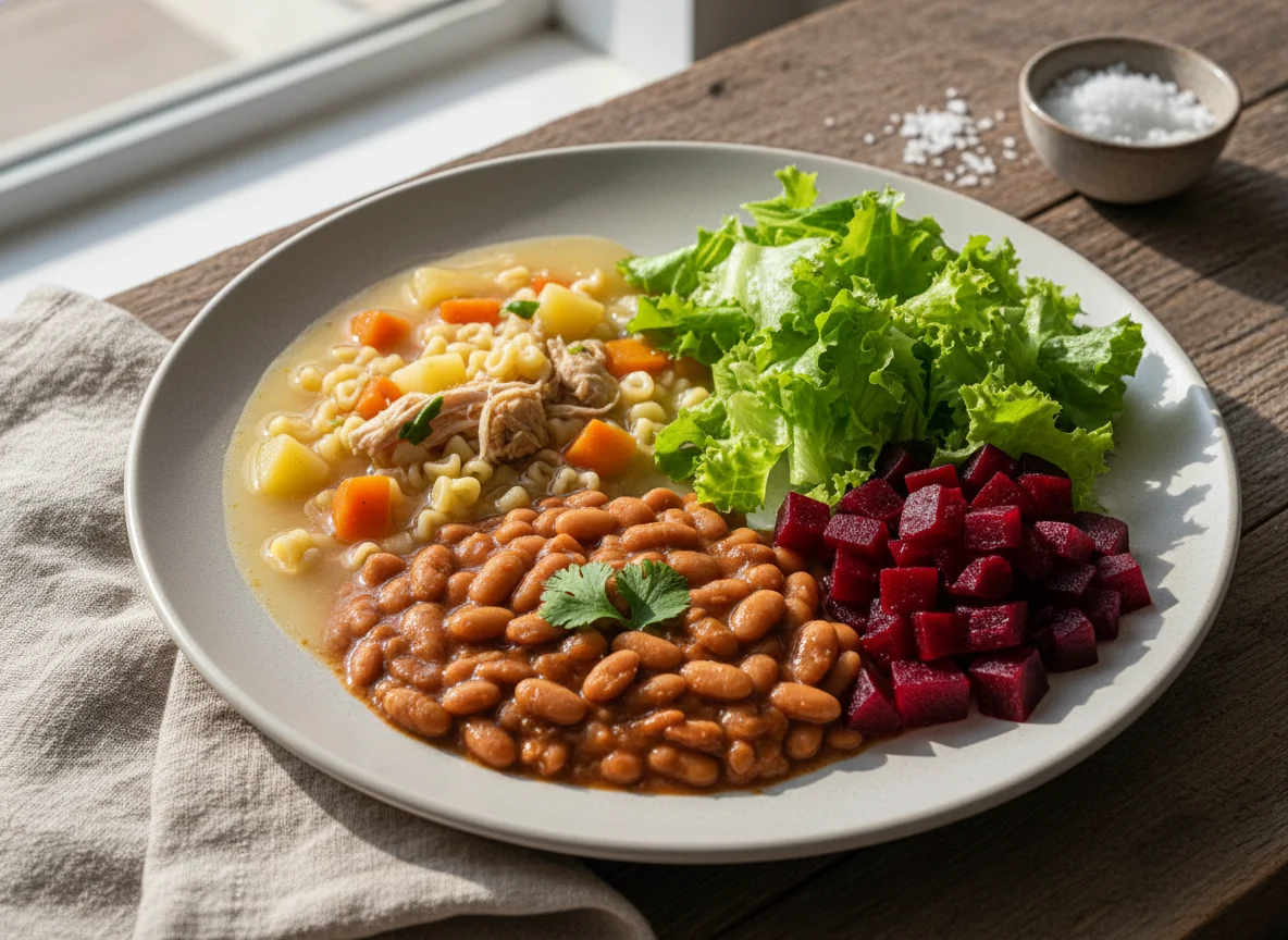 Prato variado com sopa, feijão, salada e beterraba photo