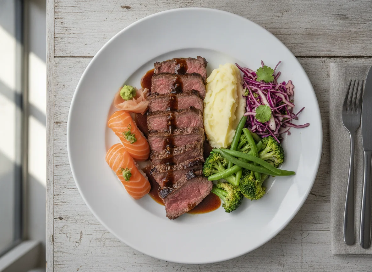 Prato variado com sushi, carne e vegetais photo