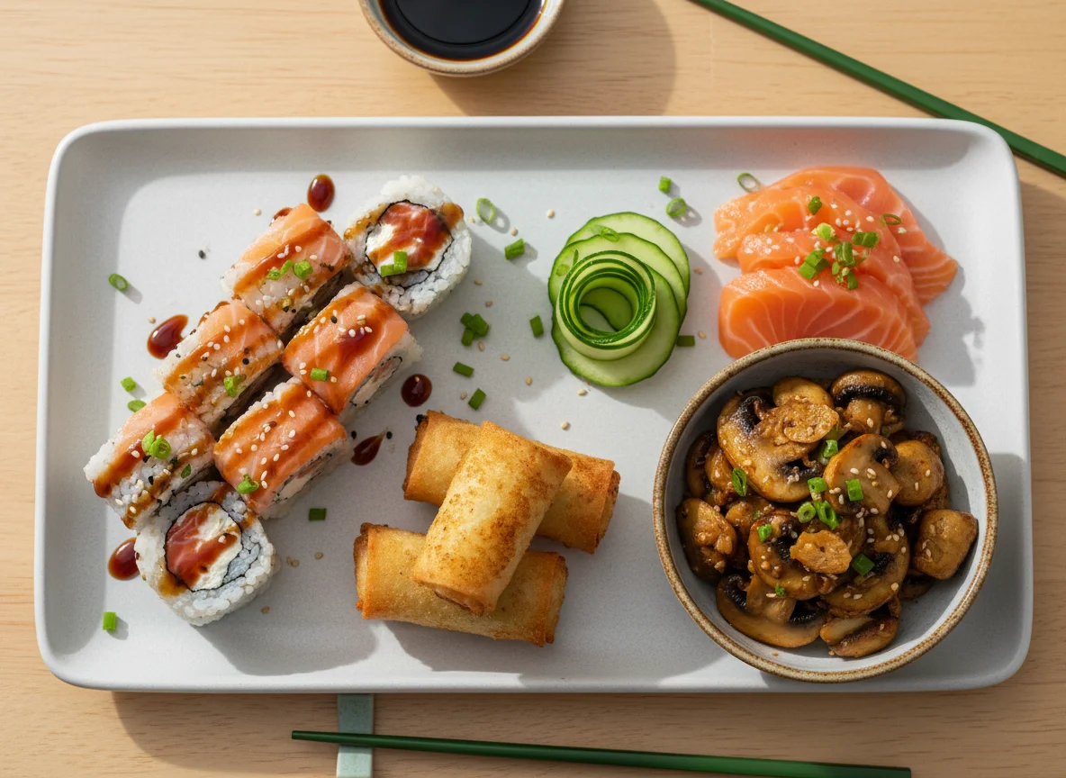 Prato variado com sushi e cogumelos photo